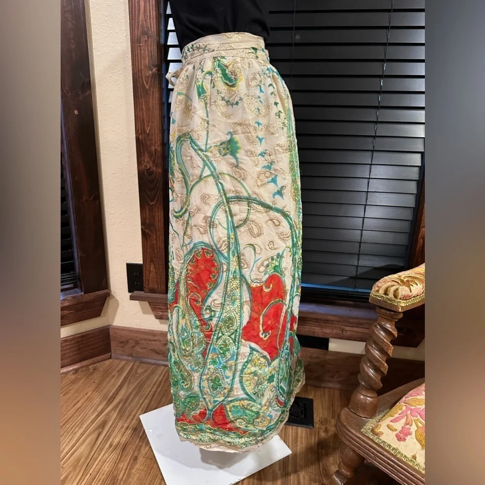 Emily Wetherby Silk Paisley Wrap Maxi Skirt Gold Metallic Boho Glam Luxury